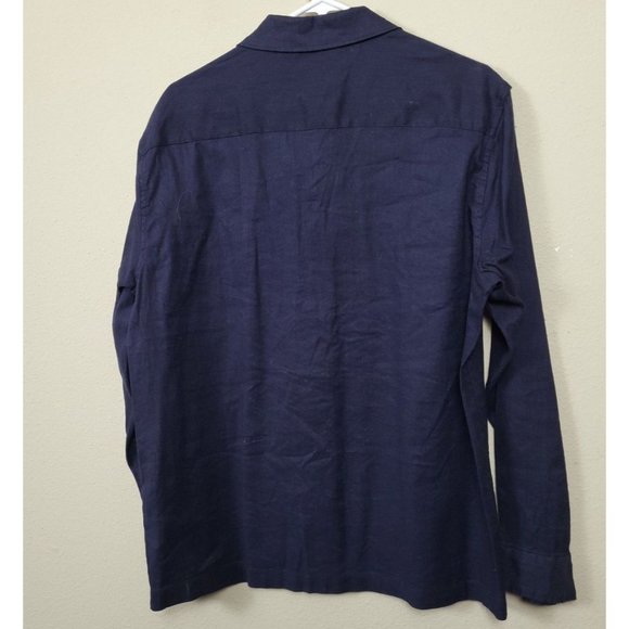 H&M Men's M Long Sleeve Button Up Dark Blue Regular Fit Pocket Front Linen Blend - Picture 6 of 6